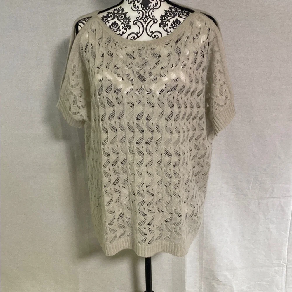 Autumn Cashmere Cream Pointelle Open Knit Short Sleeve open shoulder Sweater GUC